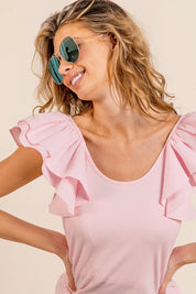 BiBi Wide Layered Ruffle Sleeve Scoop Neck Ribbed Top | Tops Daverri Fashions