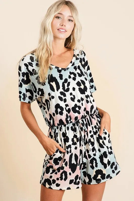 BiBi Gradation Leopard Soft Knit V-neck Romper Rompers