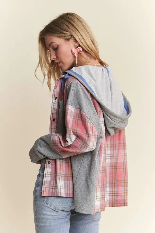 ADORA Button Down Plaid Hoodie Shacket Shackets