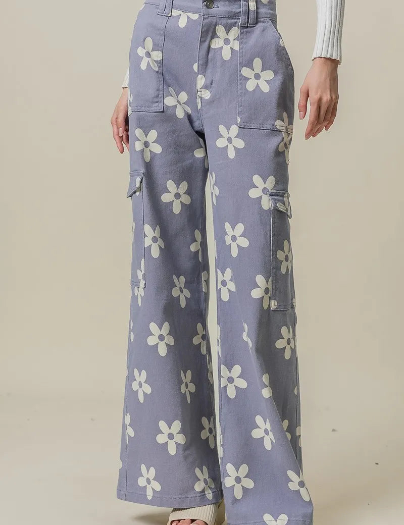 DUSTY LAVENDER BiBi Flower Printed Side Pocket Wide Pants | Daverri Fashions