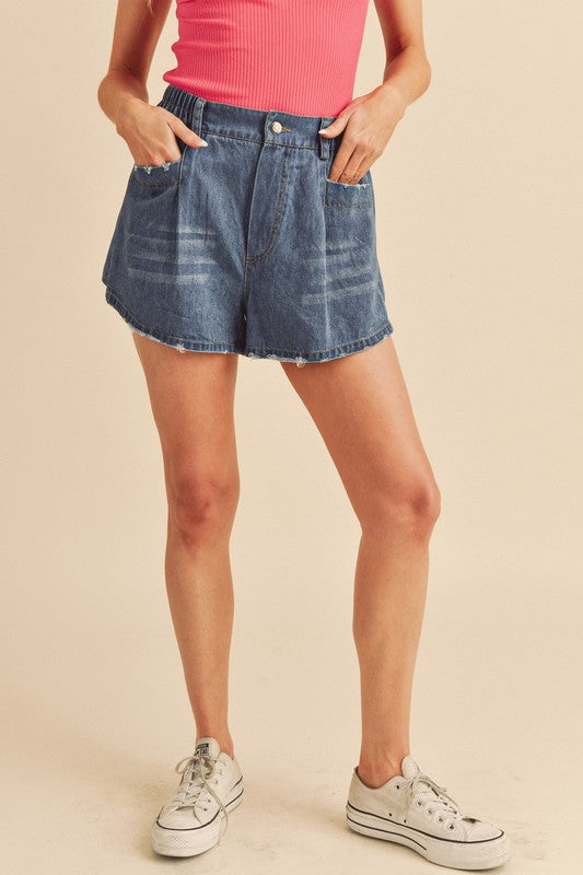 Aemi + Co Frayed Hem Elastic Waist Denim Shorts Denim Shorts