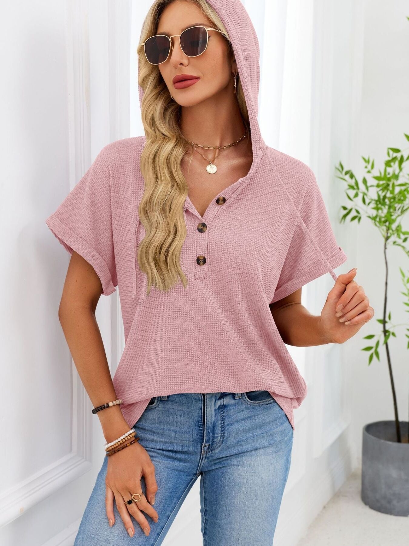 Daverri casual waffle knit button detail hooded top in soft pink
