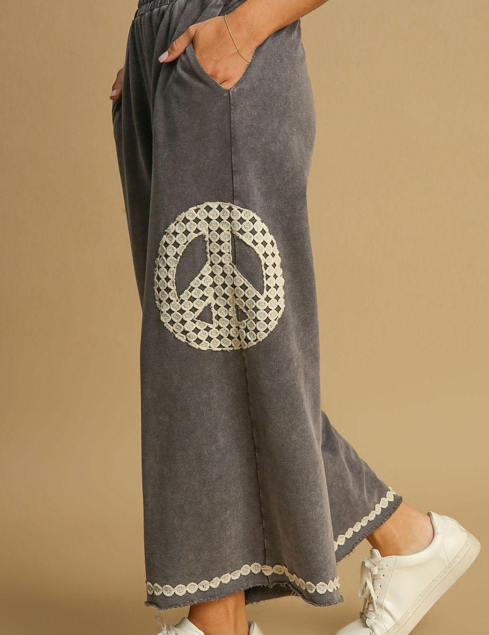 Umgee Full Size Peace Lace Applique Mineral Wash Wide Leg Pants | Pants Daverri Fashions