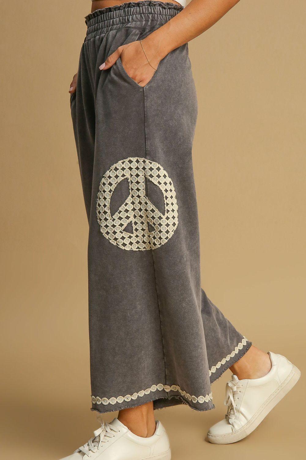 Umgee Full Size Peace Lace Applique Mineral Wash Wide Leg Pants | Pants Daverri Fashions