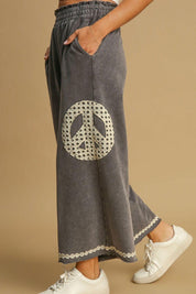Umgee Full Size Peace Lace Applique Mineral Wash Wide Leg Pants | Pants Daverri Fashions