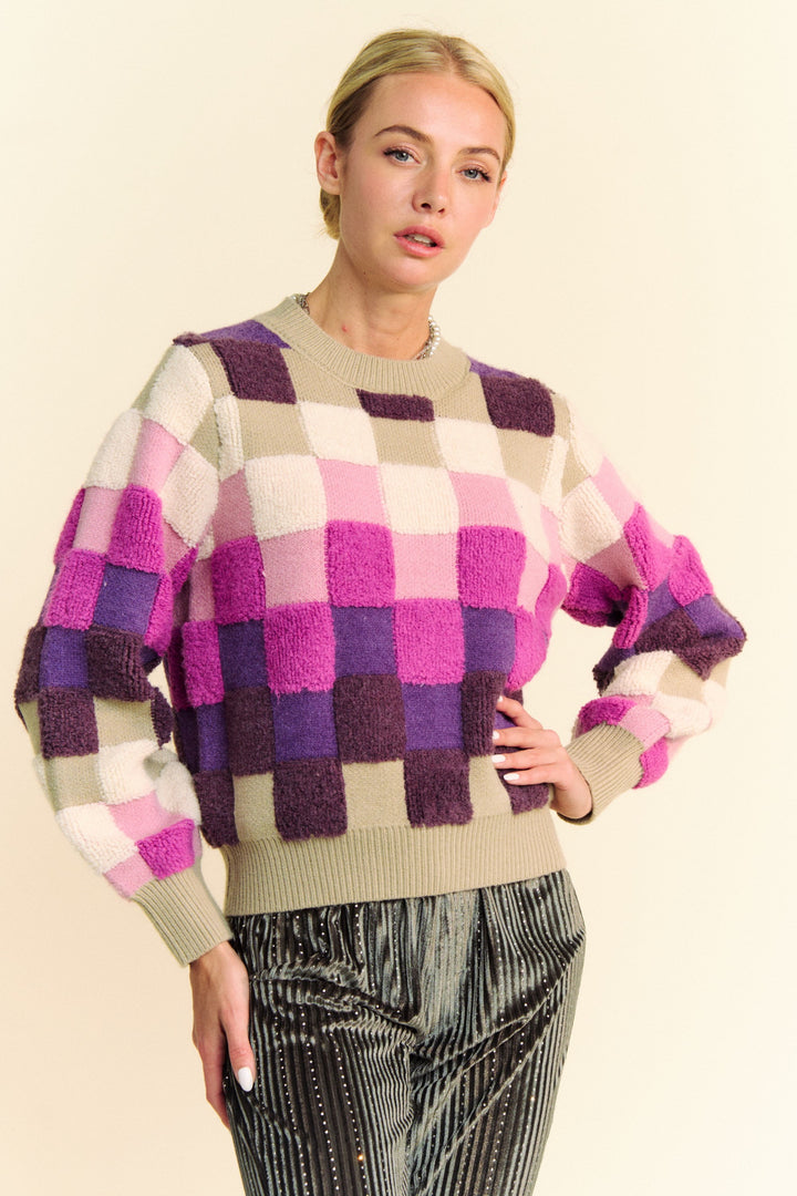 Davi & Dani Checkered Round Neck Long Sleeve Sweater Tops