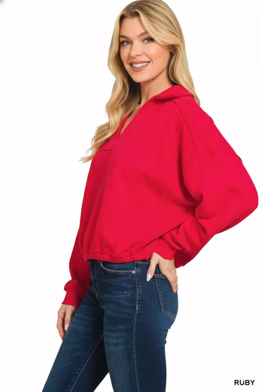 Zenana red V-neck French terry sweatshirt with balloon sleeves