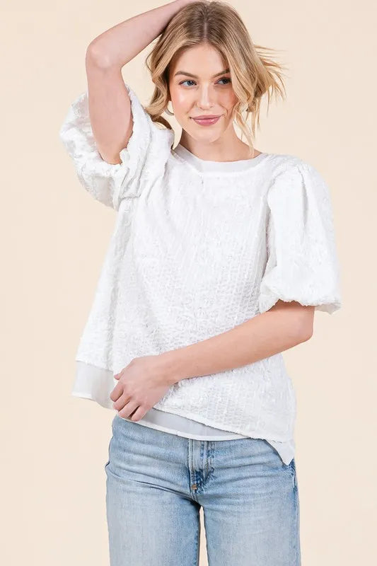 Lime 'N' Chili Floral Textured Puff Sleeve Top