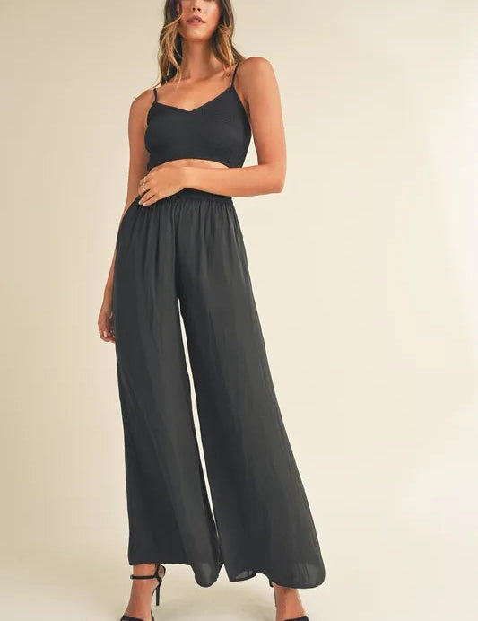 MABLE Smocked Bralette Crop Top and Wide Leg Pants Set Black | Outfit Sets Daverri Fashions