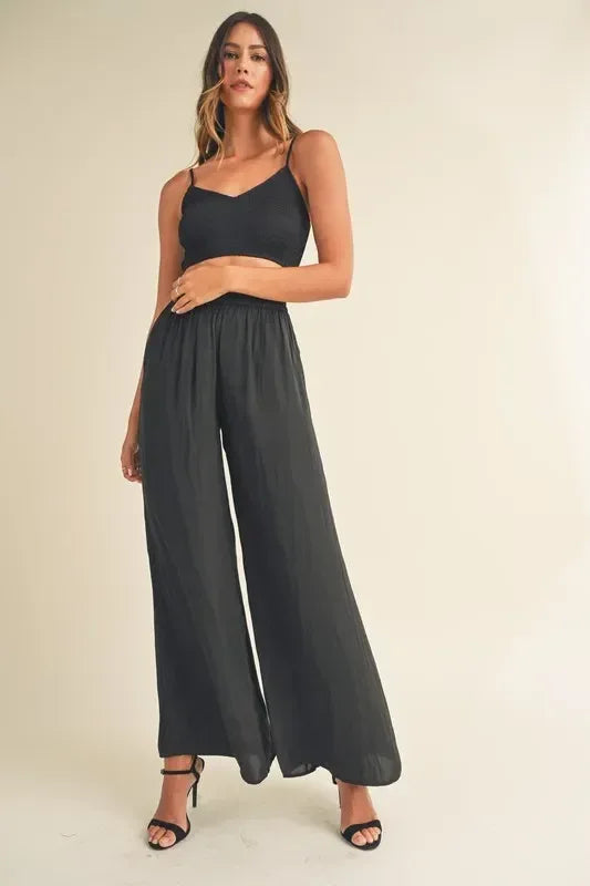 MABLE Smocked Bralette Crop Top and Wide Leg Pants Set Black - DAVERRI FASHIONS