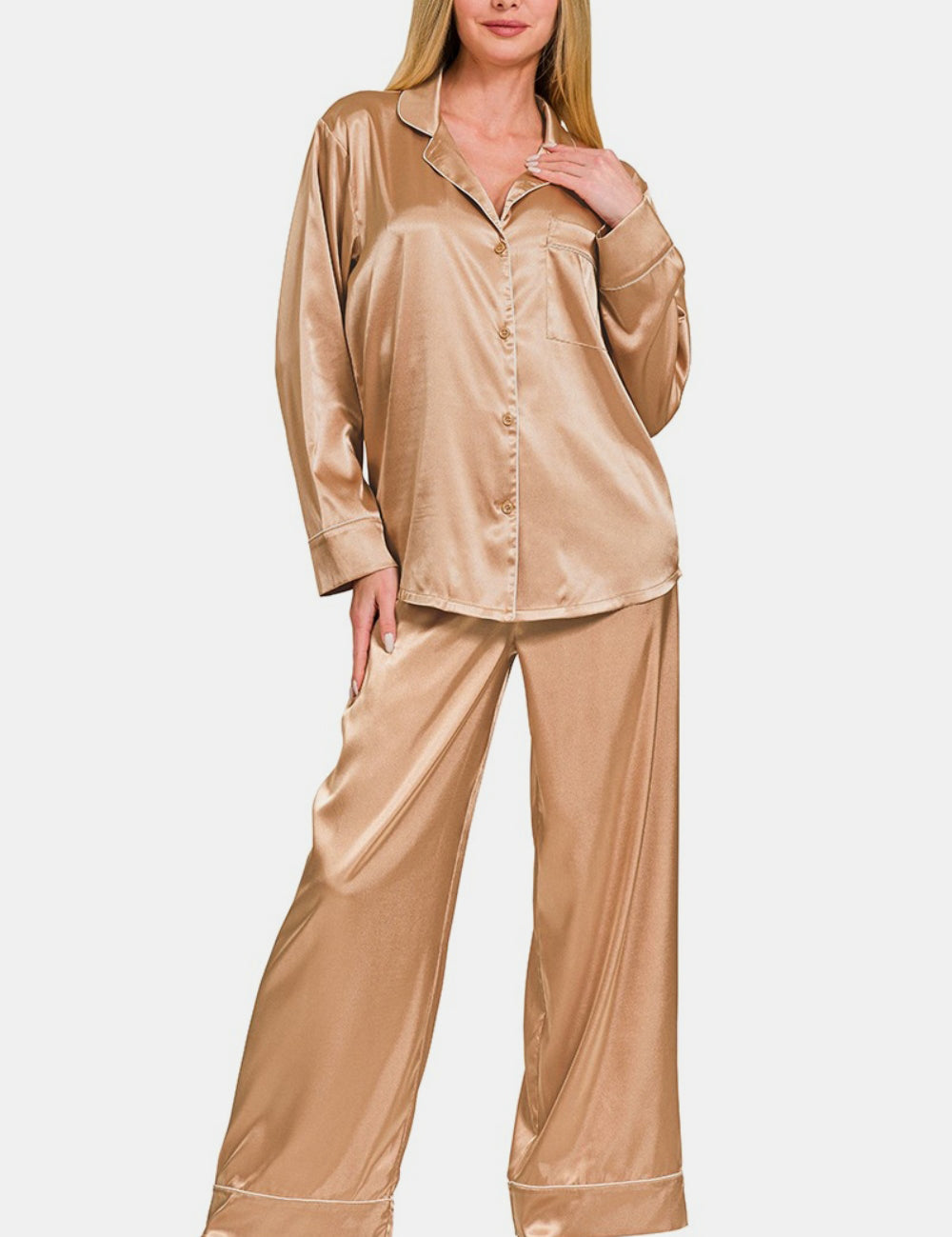 Satin Long Sleeve Shirt and Pants Pajama Set Brush Outfit sets