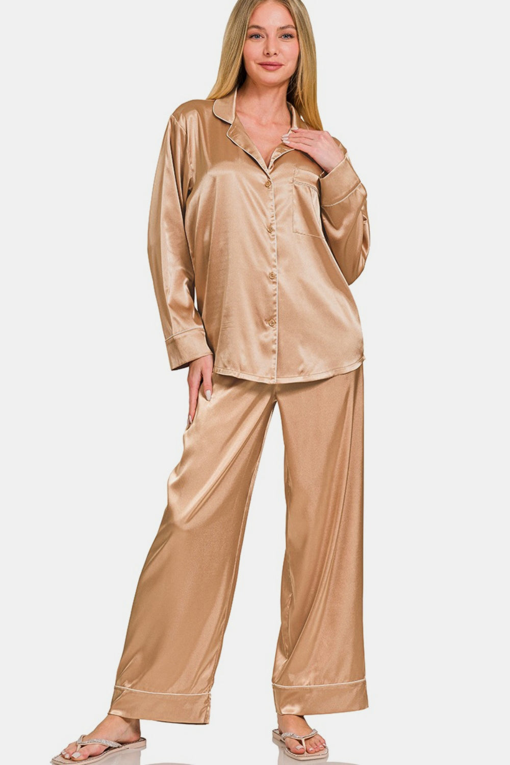 Satin Long Sleeve Shirt and Pants Pajama Set Brush Outfit sets