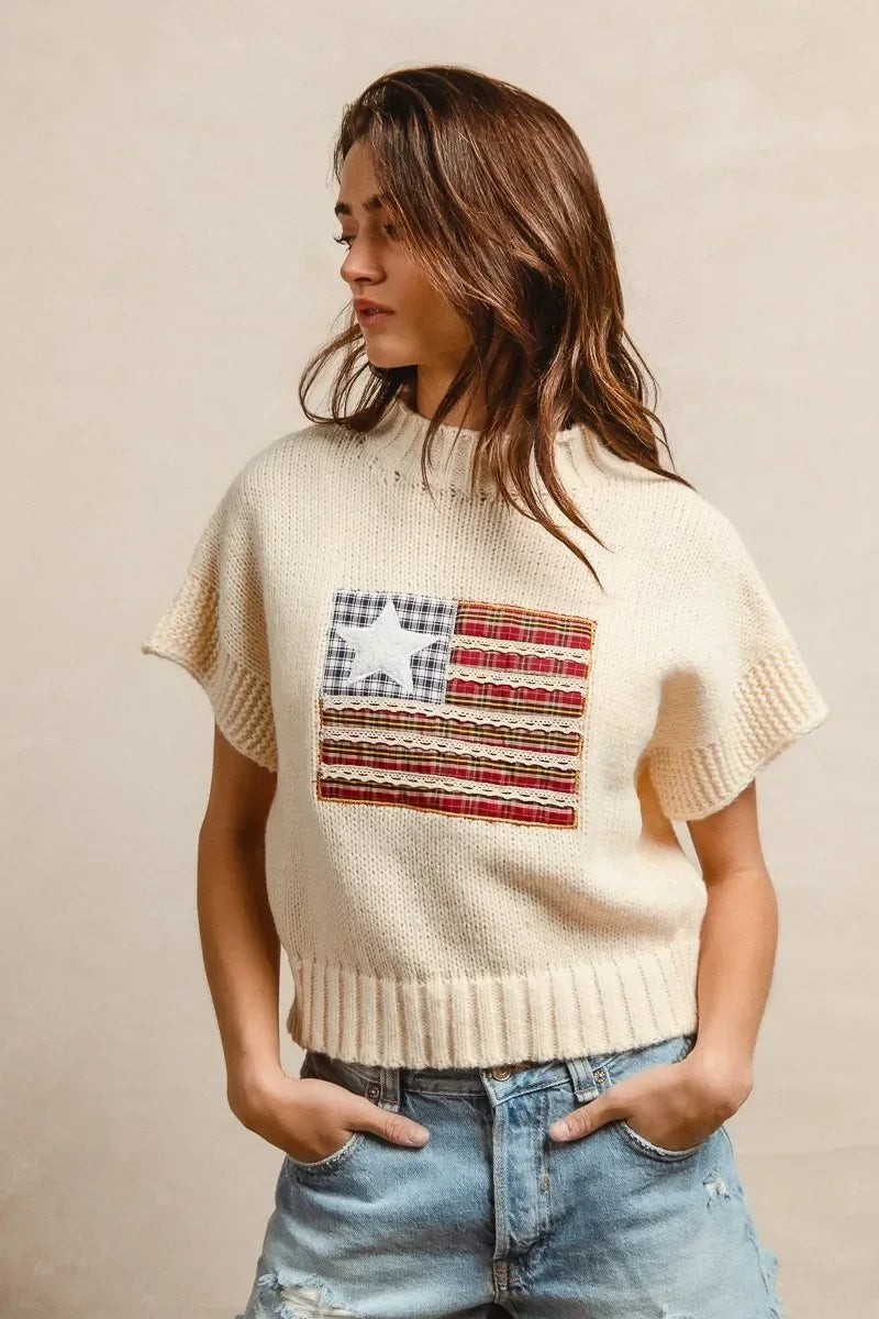 BiBi American Flag Patchwork Drop Shoulder Sweater - DAVERRI FASHIONS