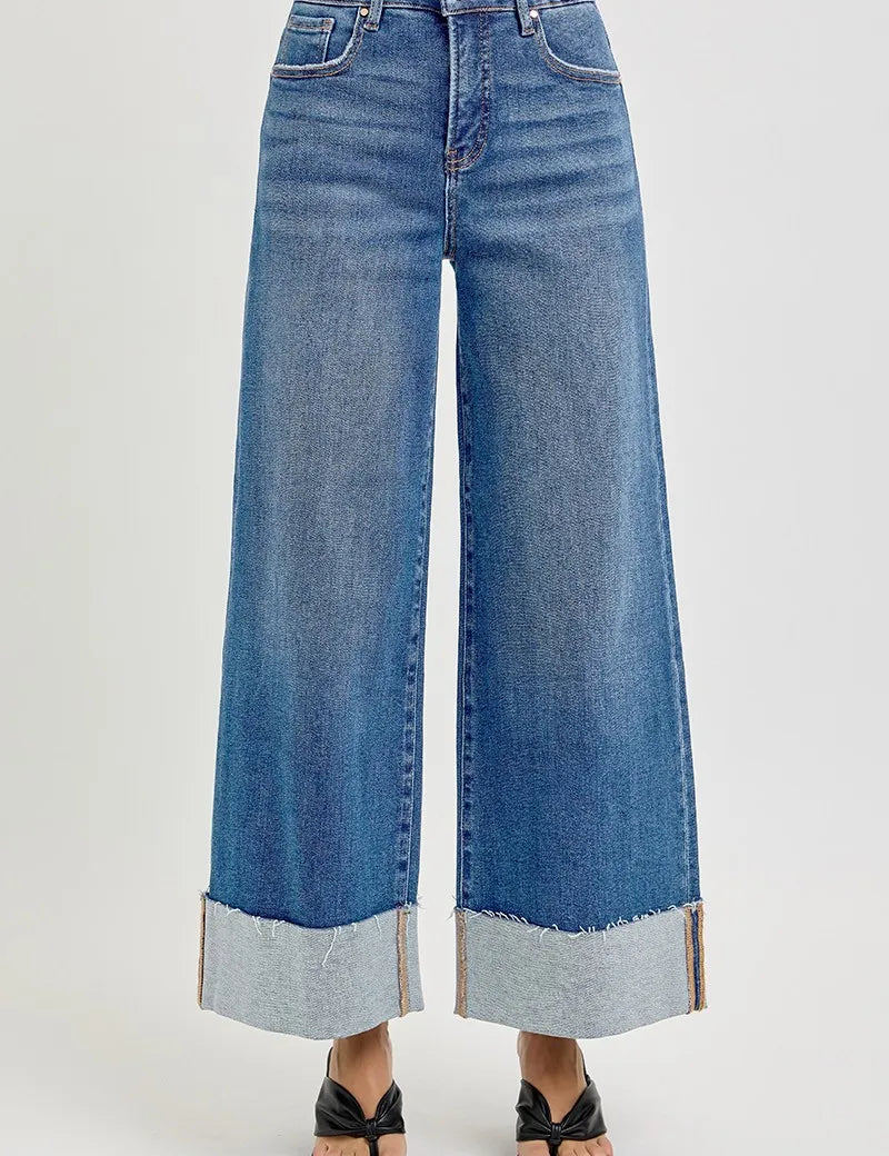 MEDIUM RISEN Full Size Tummy Control High Rise Crop Wide Cuffed Jeans Plus Size | Daverri Fashions