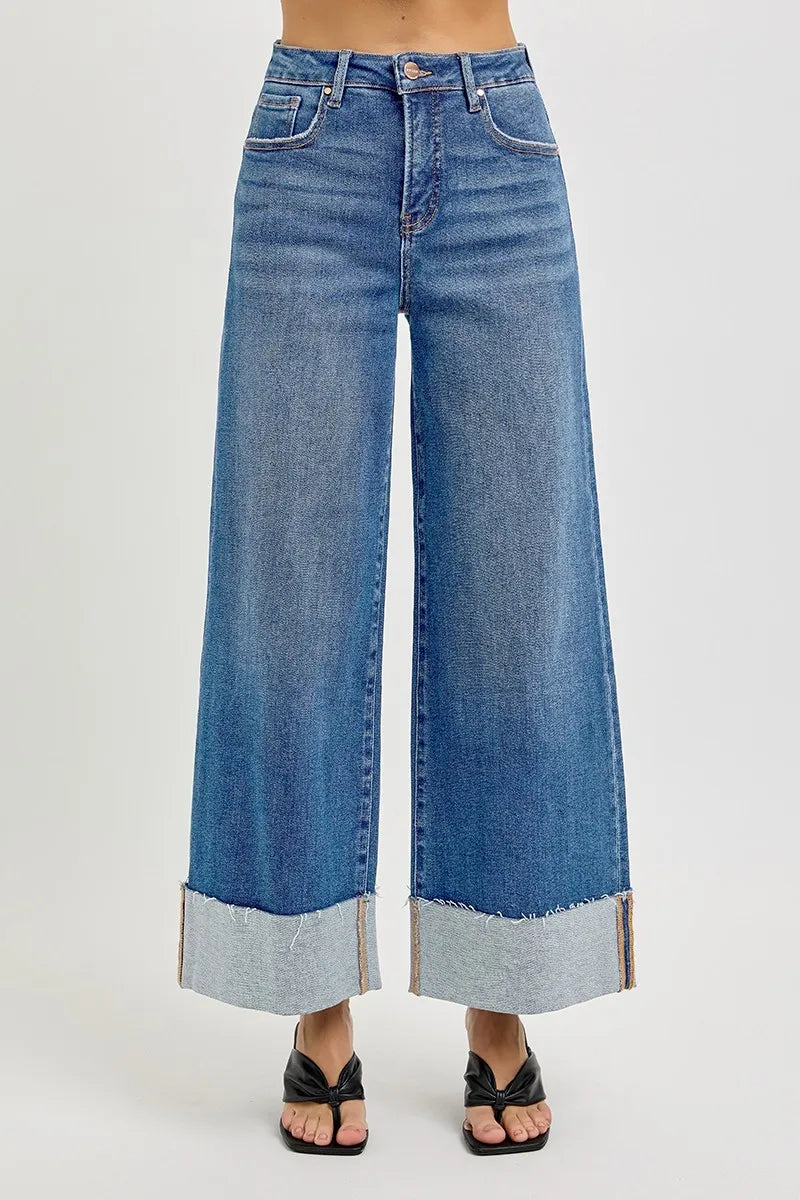 RISEN Full Size Tummy Control High Rise Crop Wide Cuffed Jeans Plus Size MEDIUM