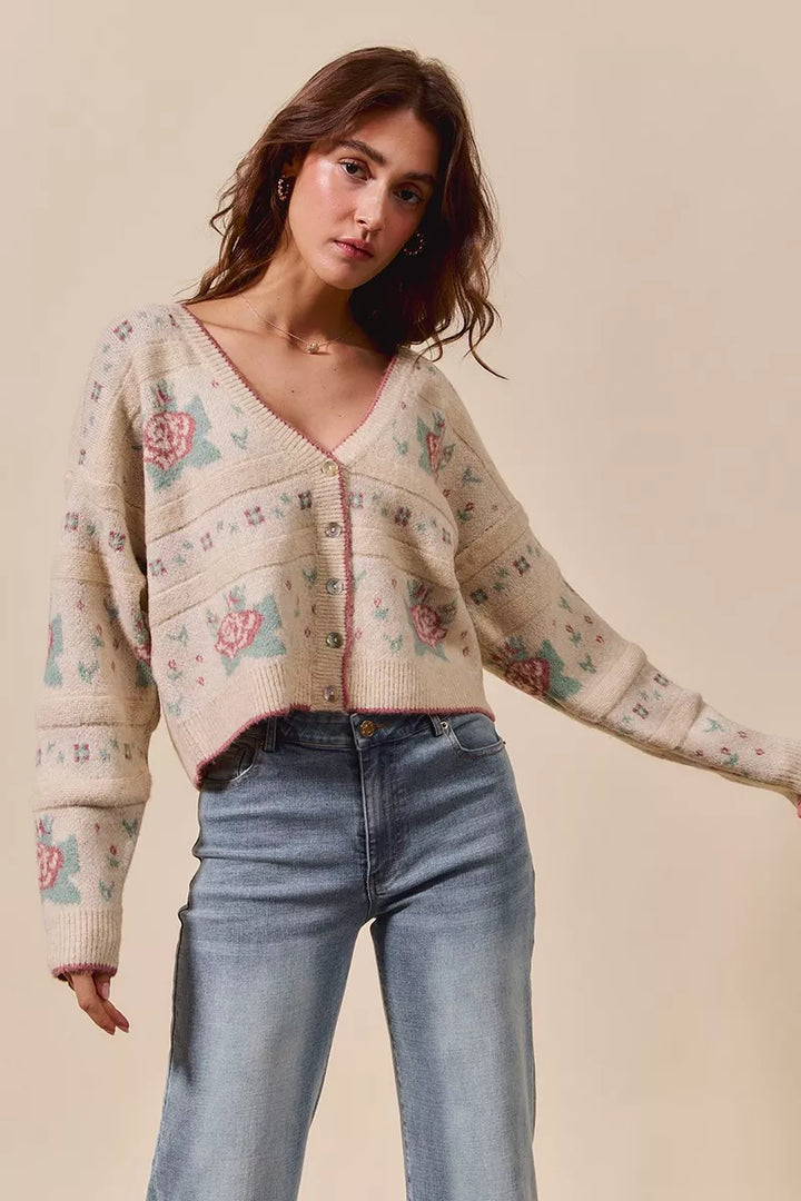 SO ME Floral Pattern Long Sleeve Button Sweater Cardigan | Cardigans Daverri Fashions