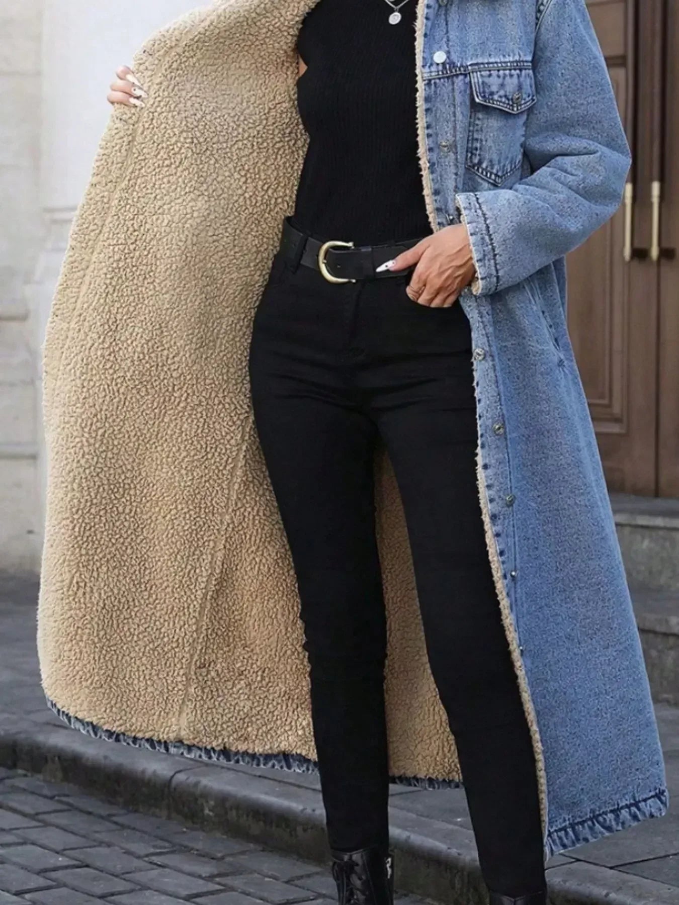 Daverri Fashions Sherpa Lined Longline Denim Jacket - DAVERRI FASHIONS