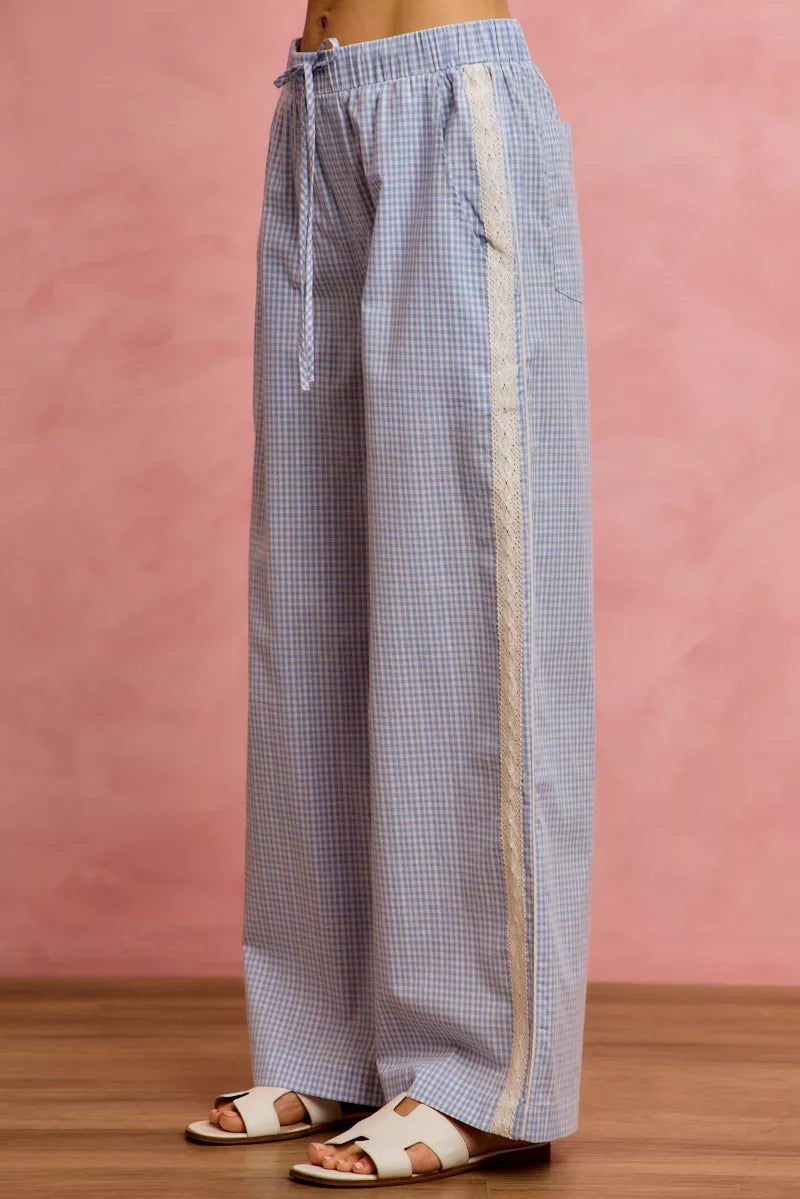 SO ME wide check pants with light blue white gingham and cream lace side trim