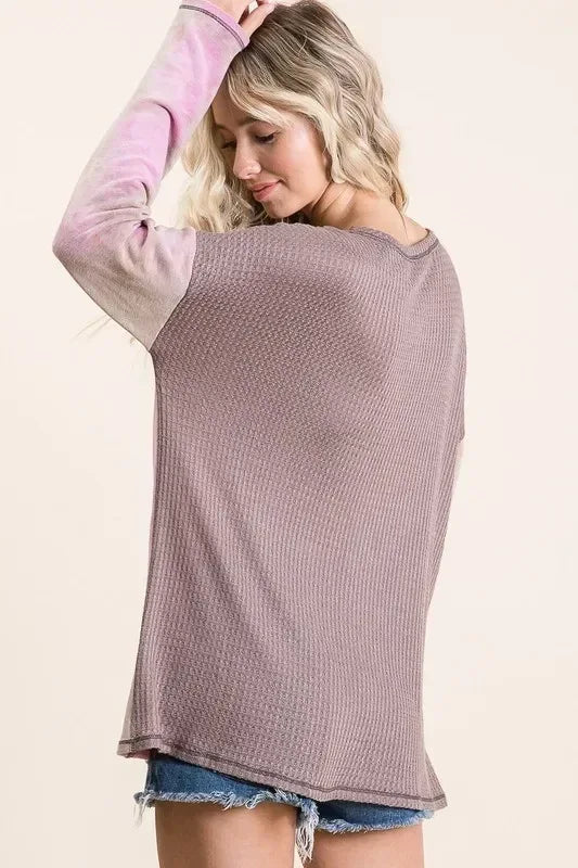 BiBi Thermal Waffle Color Block Top with Tie Dye - DAVERRI FASHIONS