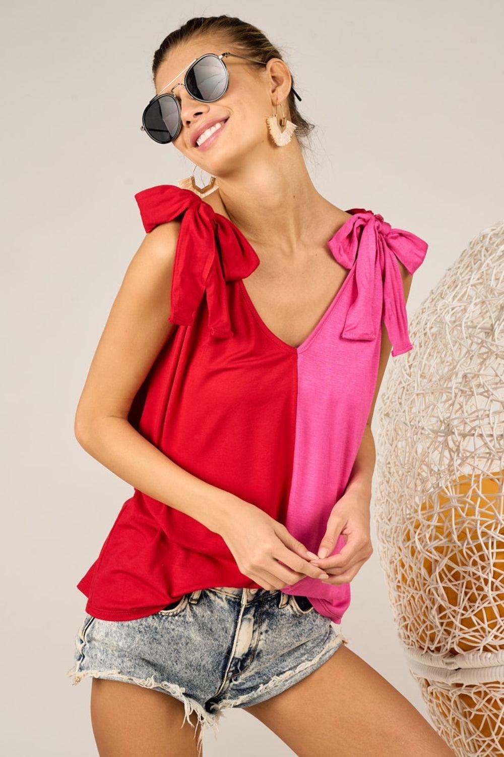 BiBi Shoulder Ribbon Tied Contrast Tank Tank Tops