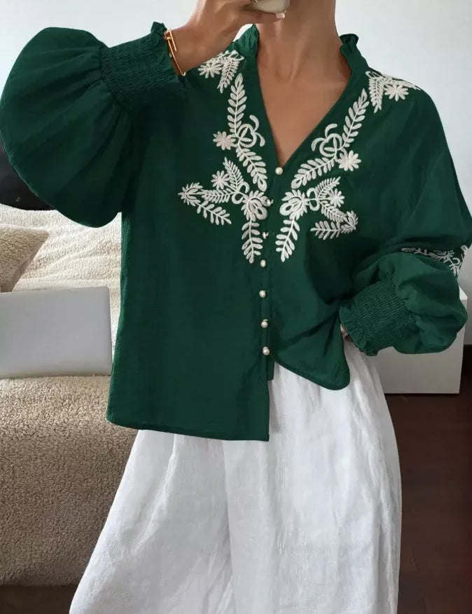 Daverri Fashions Embroidered Notched Long Sleeve Blouse - DAVERRI FASHIONS