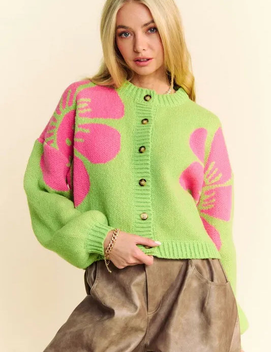 Lime Davi & Dani Flower Contrast Round Neck Long Sleeve Cardigan | Cardigans Daverri Fashions