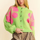 Davi & Dani Flower Contrast Round Neck Long Sleeve Cardigan - DAVERRI FASHIONS