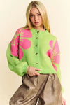 Davi & Dani Flower Contrast Round Neck Long Sleeve Cardigan - DAVERRI FASHIONS