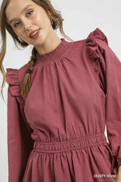 Umgee Textured Midi Dress with Ruffle Shoulder Detail | Daverri Fashions