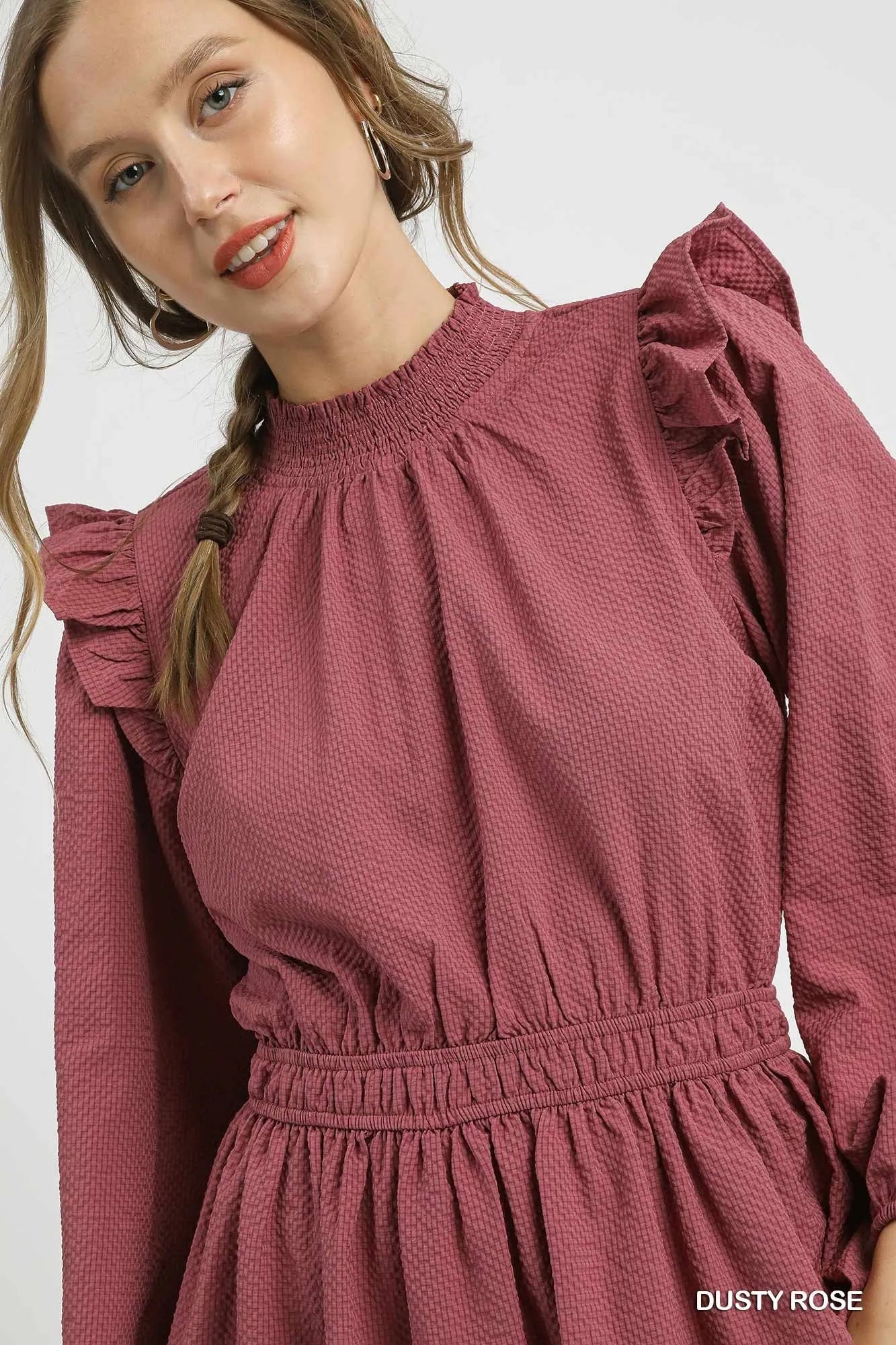 Umgee Textured Midi Dress with Ruffle Shoulder Detail