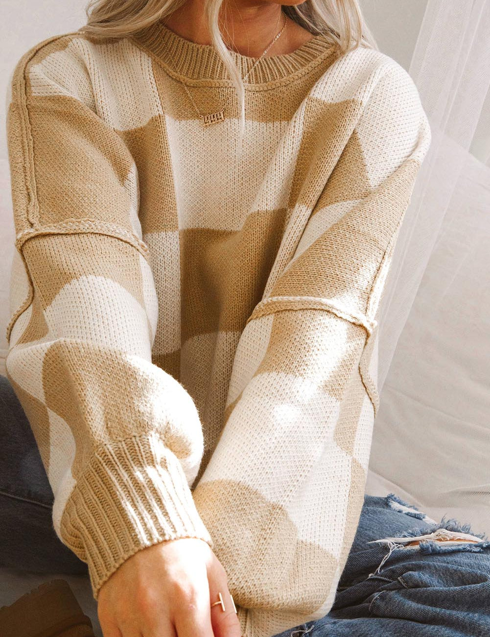 Checkered Bishop Sleeve Sweater | Sweaters Daverri Fashions