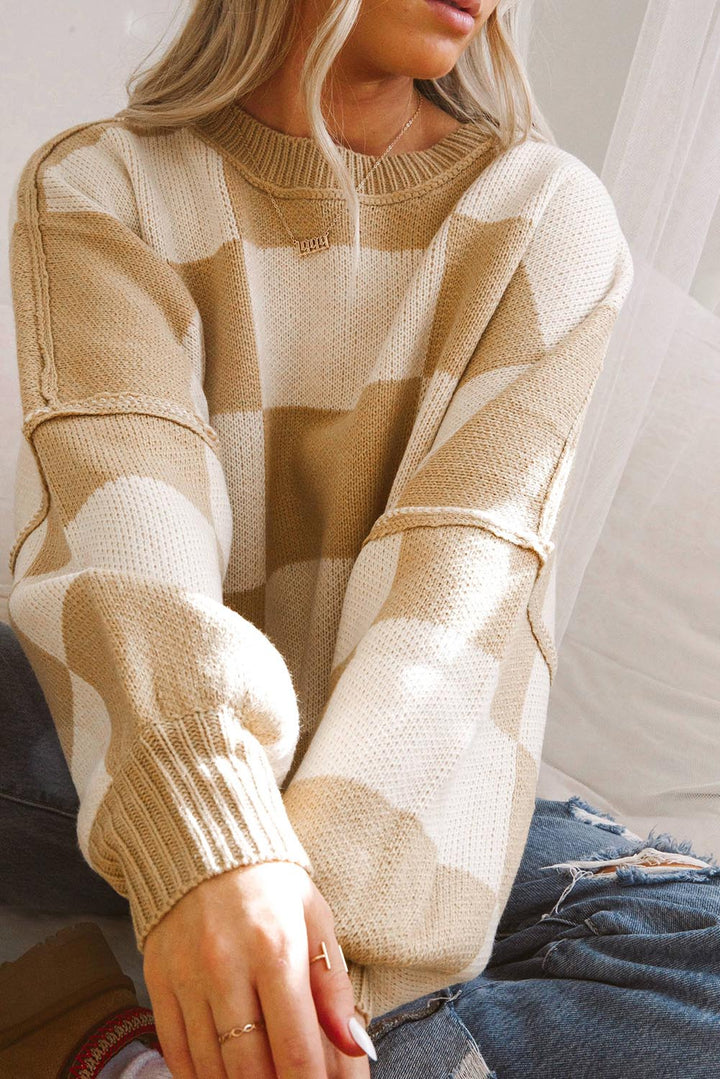Checkered Bishop Sleeve Sweater | Sweaters Daverri Fashions