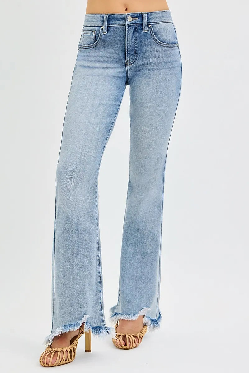 RISEN Full Size Tummy Control Mid Rise Flare Jeans with Fray Hem Detailed Plus Size | Jeans Daverri Fashions