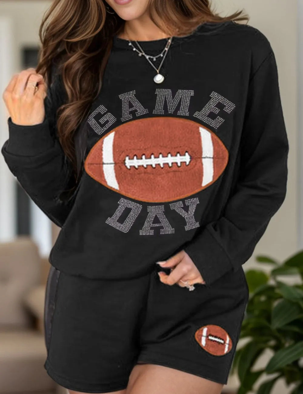 Black GAME DAY Football Round Neck Long Sleeve Top and Shorts Set | Loungewear Sets Daverri Fashions