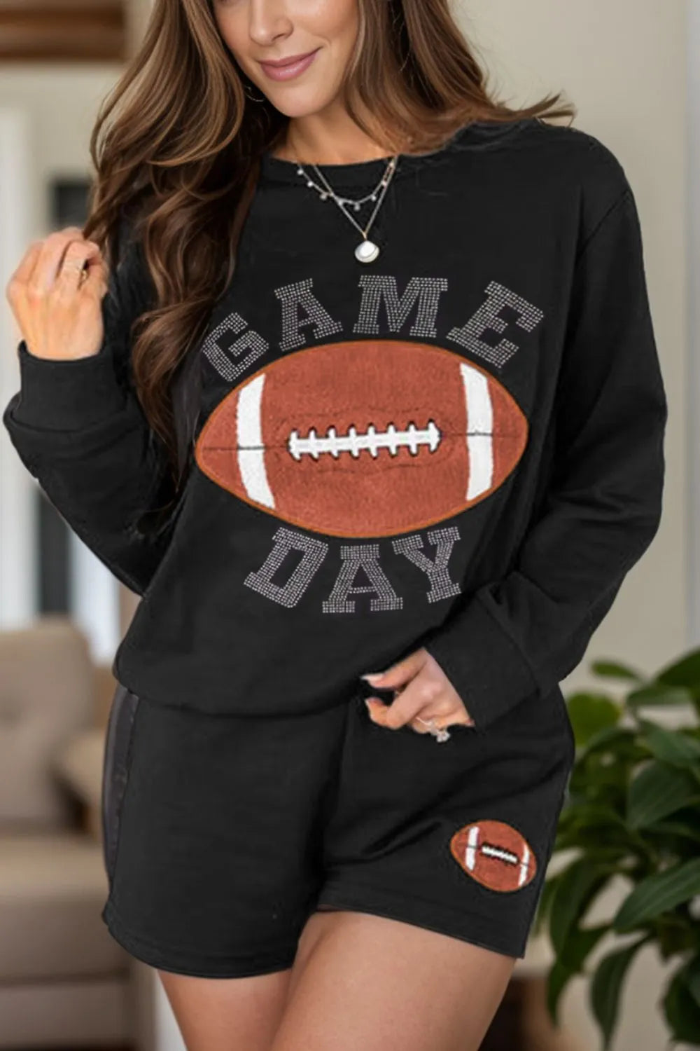 Black GAME DAY Football Round Neck Long Sleeve Top and Shorts Set | Loungewear Sets Daverri Fashions