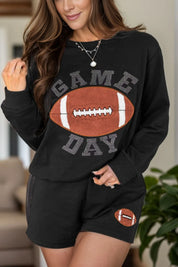 Black GAME DAY Football Round Neck Long Sleeve Top and Shorts Set | Loungewear Sets Daverri Fashions