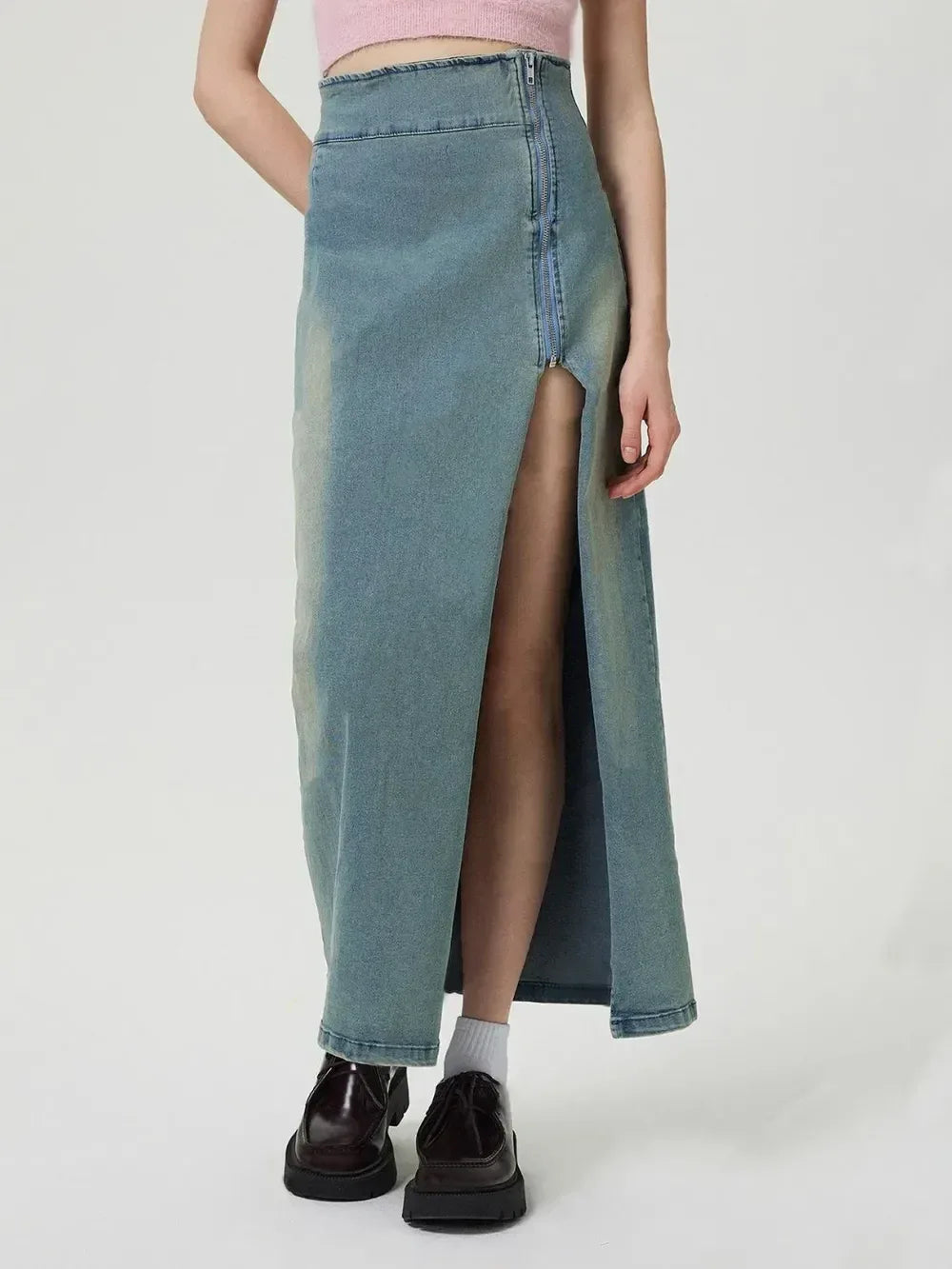 Slit Denim Skirt with Zip - DAVERRI FASHIONS