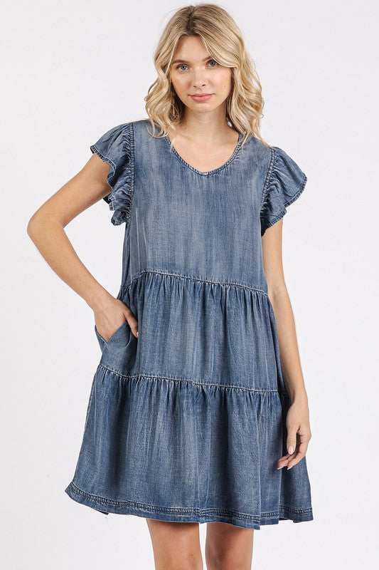 Mittoshop V-Neck Ruffled Cap Sleeve Mini Dress DK DENIM Mini Dresses