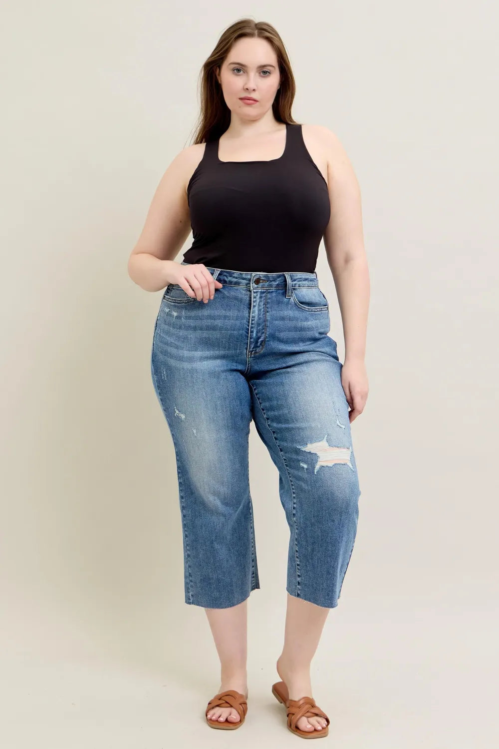 Judy Blue Plus Size High Waist Back Destroy & Raw Cut Hem Crop Wide Jeans