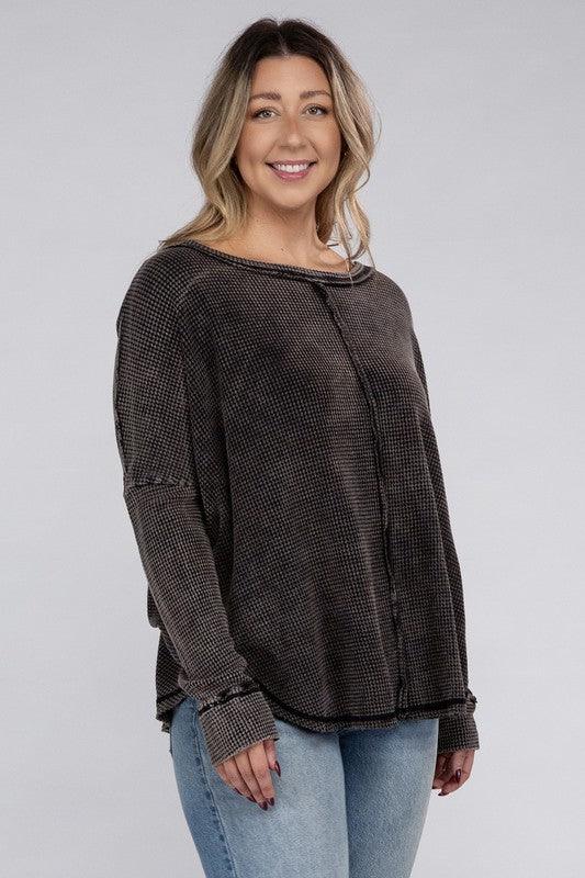 Plus Long Sleeve Cotton Waffle Knit Top Shirts & Tops