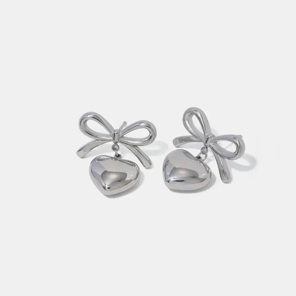 Stainless Steel Bow & Heart Drop Earrings - DAVERRI FASHIONS