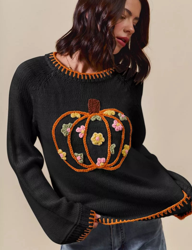 BLACK SO ME Pumpkin Floral Embroidered Thanksgiving Sweater | Sweaters Daverri Fashions