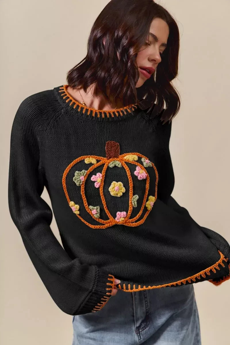 SO ME Pumpkin Floral Embroidered Thanksgiving Sweater - DAVERRI FASHIONS