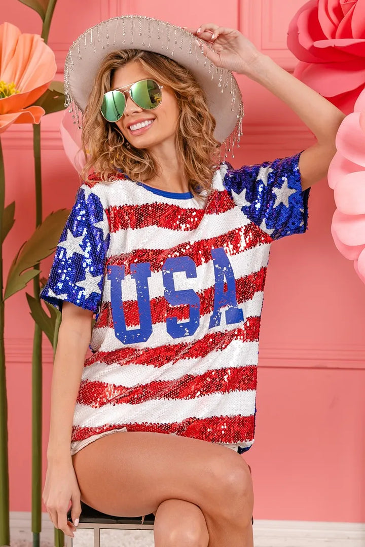 BiBi American Flag Theme USA Lettering Sequin Top Tops