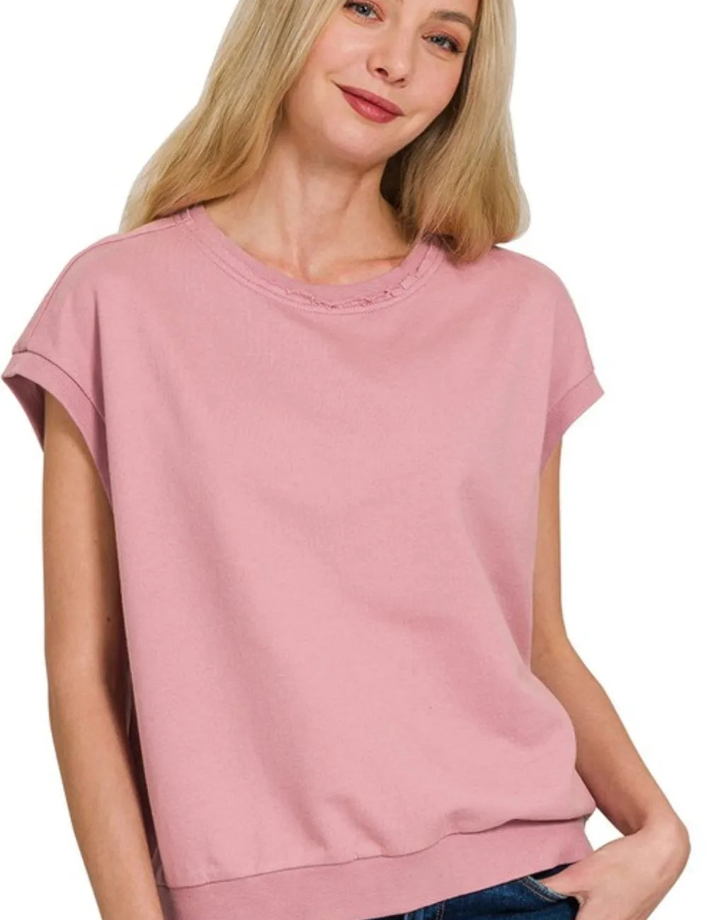 LT ROSE Zenana French Terry Round Neck Cap Sleeve T-Shirt | Daverri Fashions