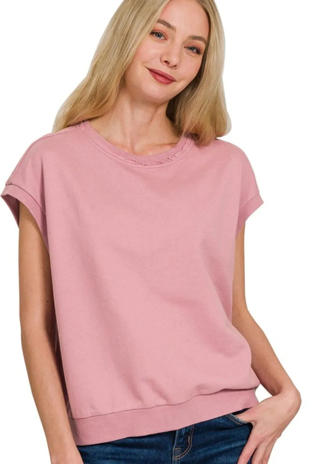 LT ROSE Zenana French Terry Round Neck Cap Sleeve T-Shirt | Daverri Fashions