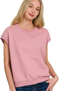 Zenana French Terry Round Neck Cap Sleeve T-Shirt - DAVERRI FASHIONS
