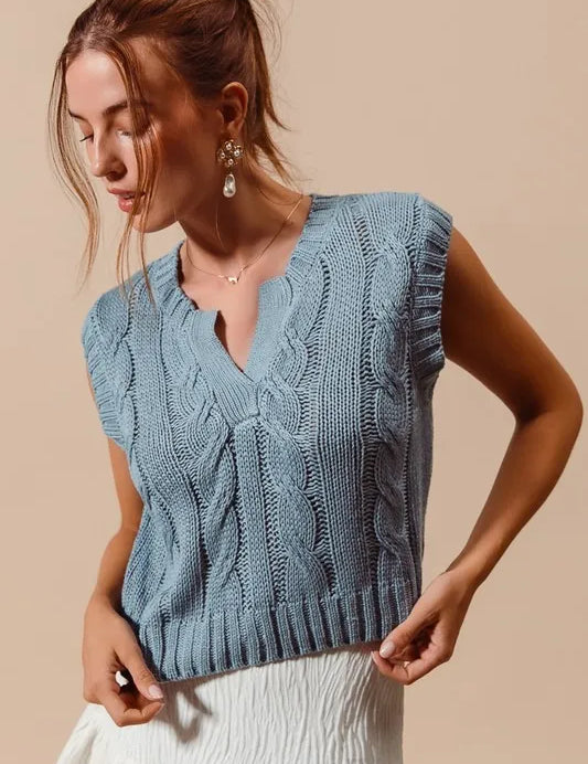 SO ME Notched Neck Cable Knit Sweater Vest | Sweater Vests Daverri Fashions