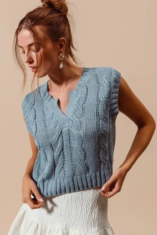 SO ME Notched Neck Cable Knit Sweater Vest - DAVERRI FASHIONS