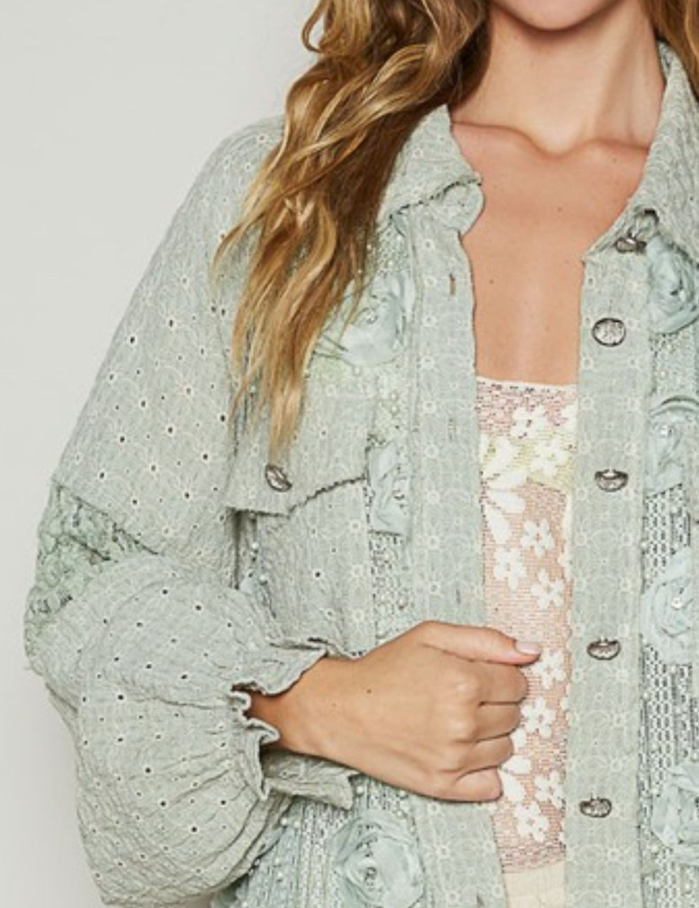 POL Eyelet Flower Pearl Detail Lace Patchwork Shirt